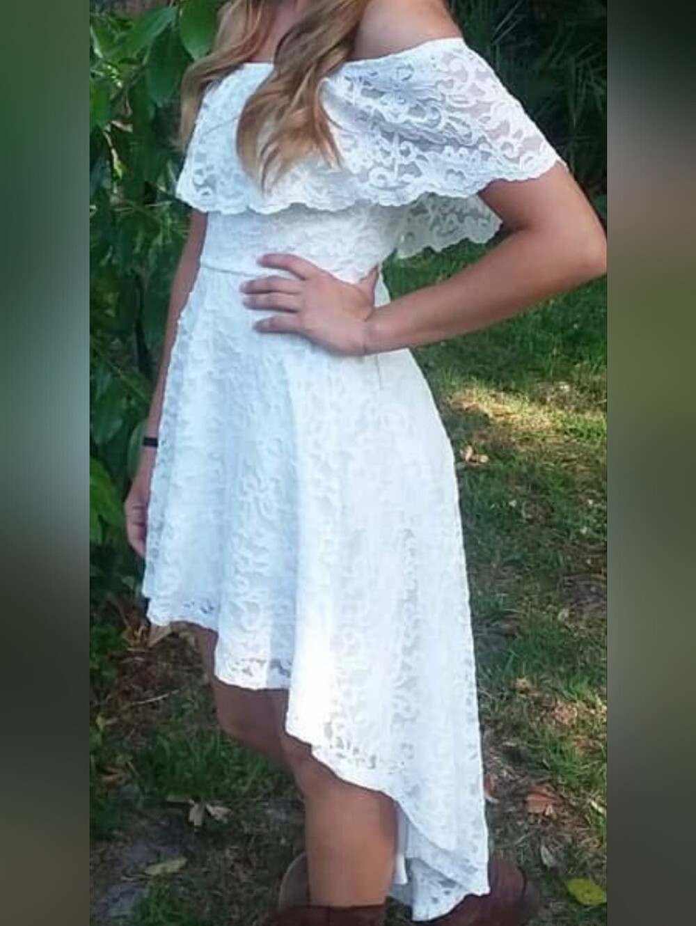 Windsor White Lace Asymmetrical Off The Shoulder Dress with Sheer Overlay